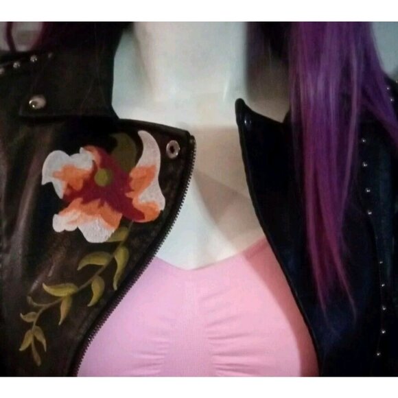 VINTAGE Women's Leather Motorcycle Jacket Med Black Floral Embroidered Zip-Up - Picture 3 of 10